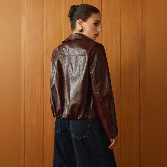 Commense Faux Leather Zipper Short Polo Jacket - Picture 6 of 15